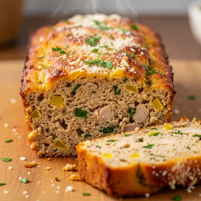 Whole Golden Parmesan Chicken Loaf on a rustic platter, garnished with fresh parsley, ready to be served.