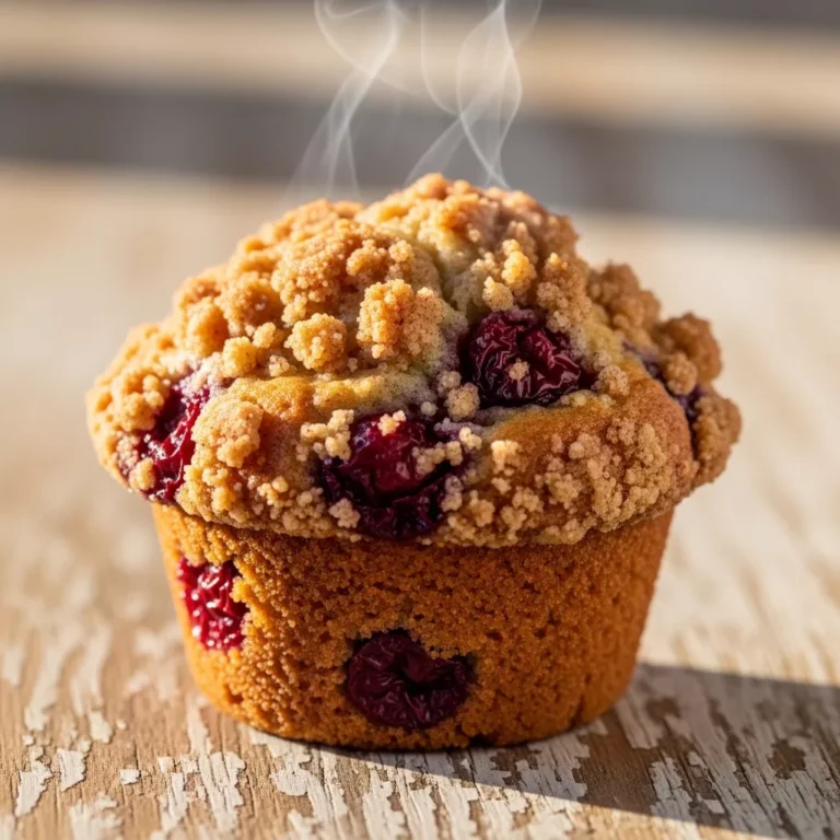 A stack of freshly baked cherry cobbler crumb muffins with a generous streusel topping.