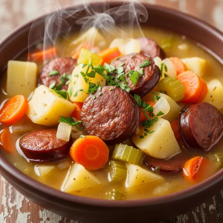 Full bowl of Smoked Beef Sausage Potato Soup with a spoon, on a rustic table.