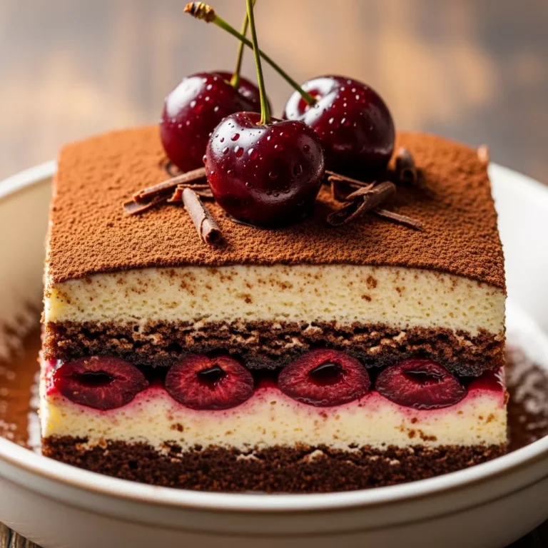A beautifully presented Velvet Black Forest Tiramisu, topped with fresh cherries, chocolate shavings, and cocoa powder, ready to be served.