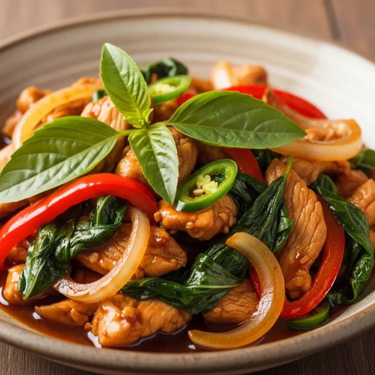 A serving of Thai Basil Chicken Stir-Fry, garnished with fresh basil, served over rice on a rustic table.