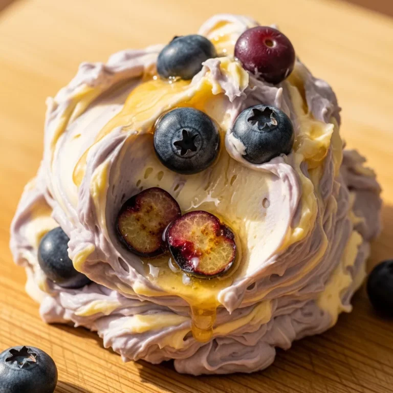 Creamy Velvet Blueberry Honey Burst Butter with fresh blueberries and honey drizzled, ready to spread.