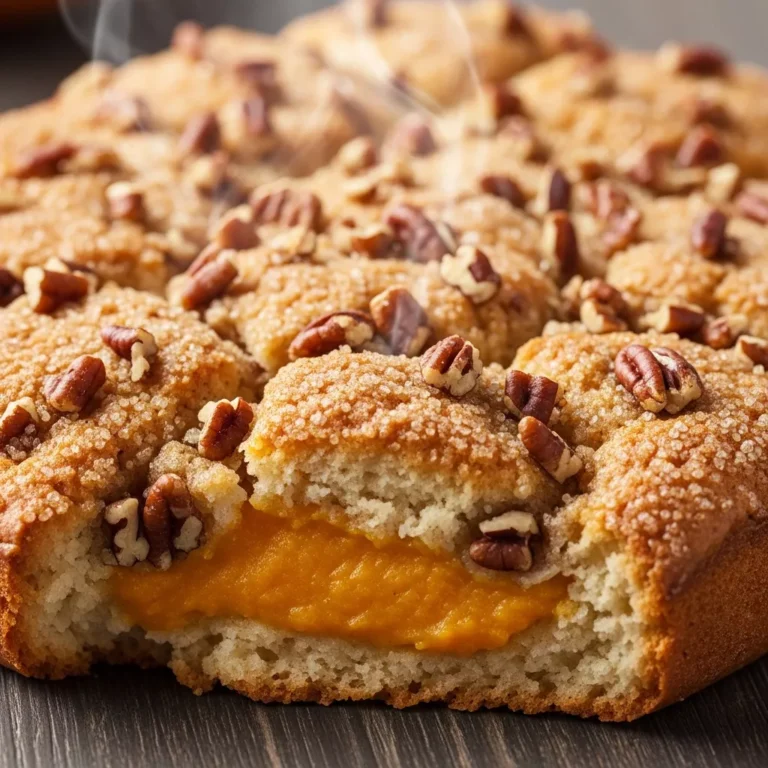Warm Golden Harvest Pumpkin Pecan Cobbler in a rustic baking dish, with a portion scooped out revealing the creamy pumpkin filling, garnished with a dollop of whipped cream and a sprinkle of cinnamon, on an autumn-themed table.