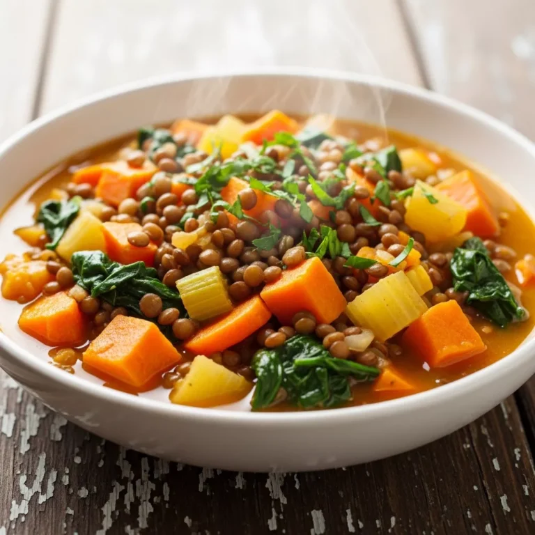 Bowl of Soul-Satisfying Golden Root & Lentil Stew on a rustic wooden table, ready to serve.