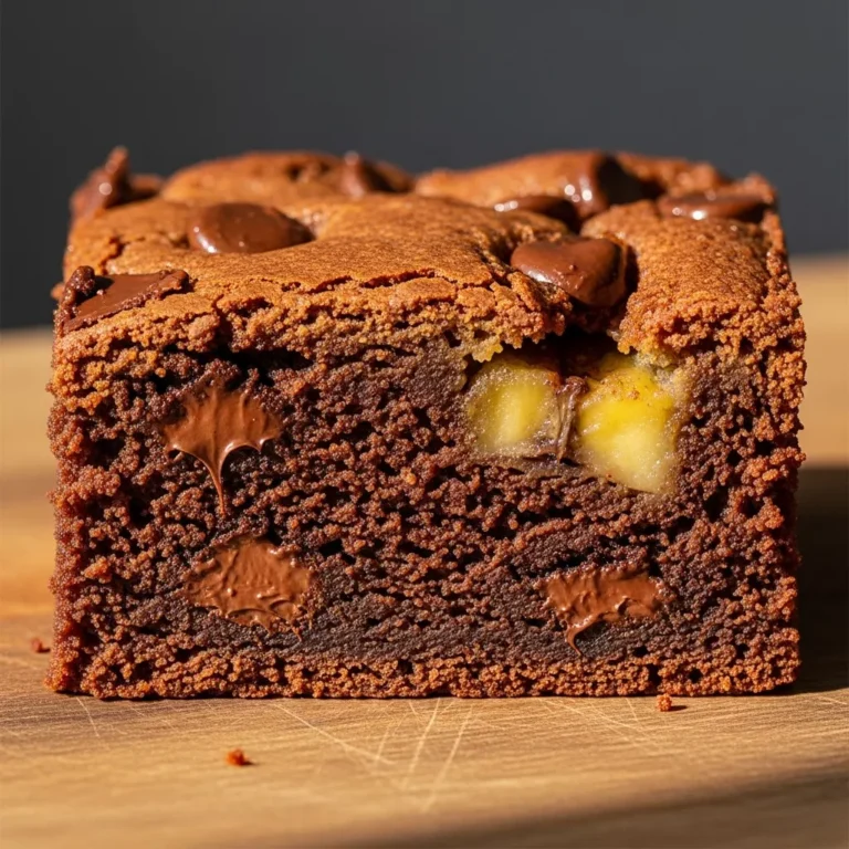 Freshly baked pan of fudgy banana bread brownies with a crackled top on a rustic surface.