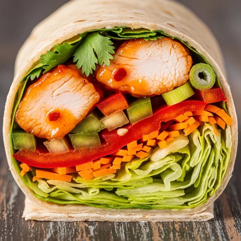 A fully assembled Quick & Zesty Sweet Chili Chicken Power Wrap, garnished with cilantro and green onions, served on a plate on a rustic surface, ready to eat.