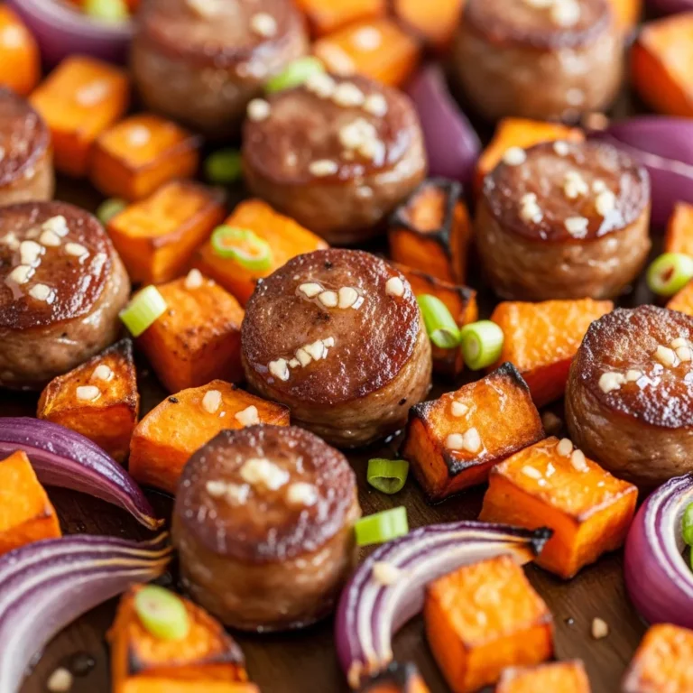 Sheet pan dinner with honey garlic sausage, sweet potatoes, and red onion, fresh from the oven.
