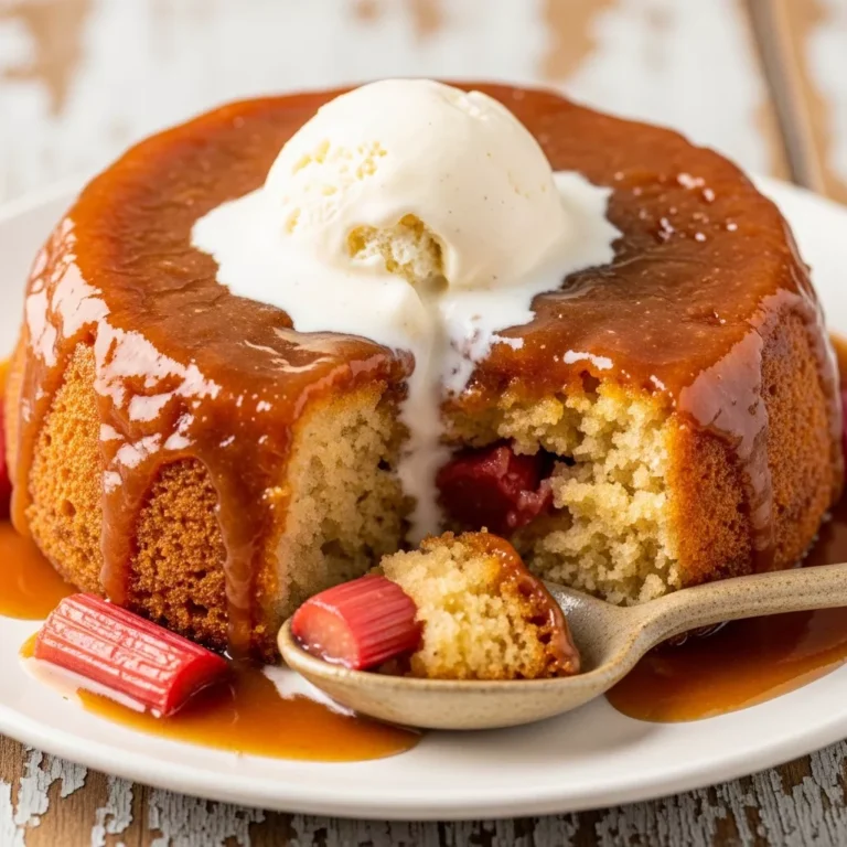 Full baking dish of golden rhubarb sticky pudding, fresh out of the oven, with a serving spoon.