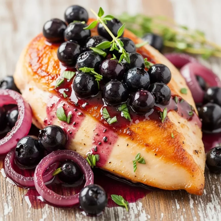 Delicious Harmonious Blueberry Thyme Chicken with Glazed Shallots served with a vibrant sauce.