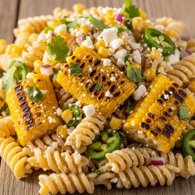 Full bowl of Zesty Fiesta Mexican Street Corn Pasta Salad, garnished with cilantro, ready to serve on a rustic wooden table.