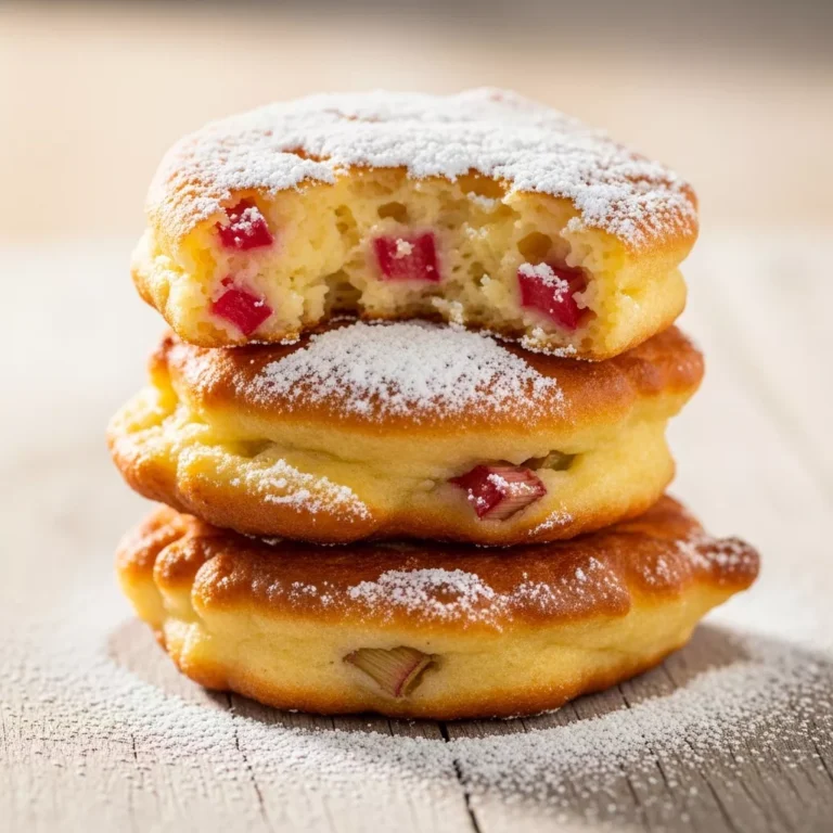 Two crispy golden rhubarb fritters, one broken open, dusted with powdered sugar on a rustic wooden surface.