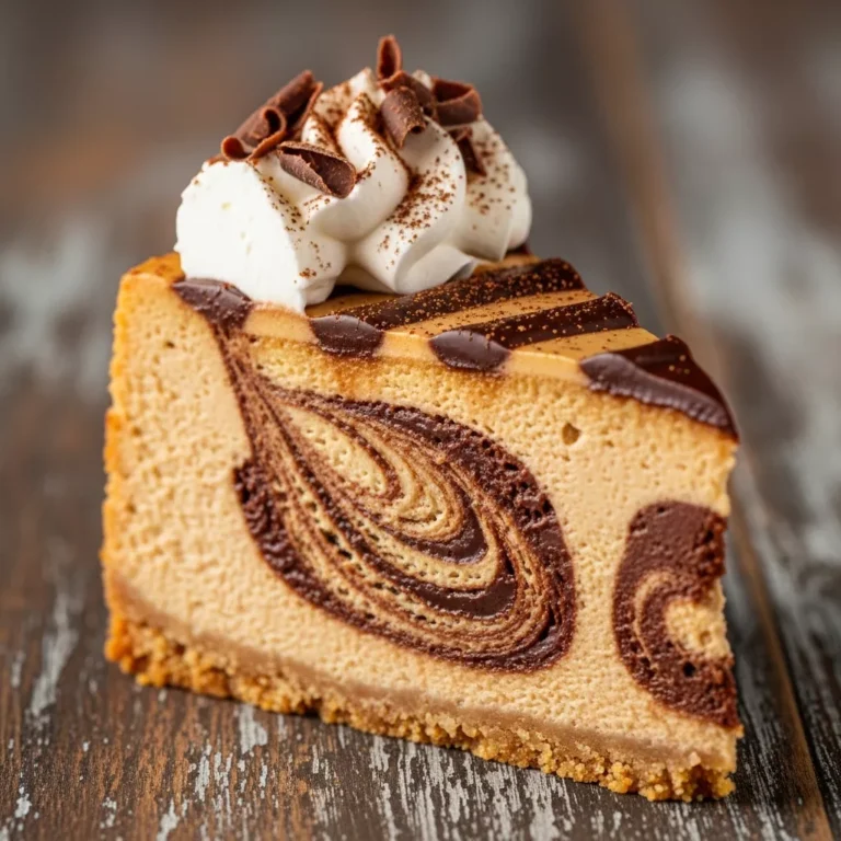 Whole Velvet Swirl Espresso Fudge Cheesecake with visible chocolate swirls, ready to be served, on a rustic table.