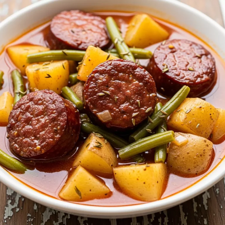 Hearty bowl of slow-cooked beef sausage and veggie dinner, ready to serve from a crockpot, on a rustic wooden table.