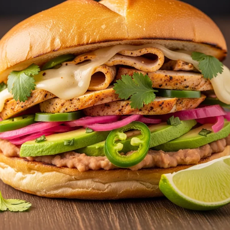 A delicious Mexican Street-Style Chicken Torta, showcasing its rich layers of seasoned chicken, avocado, and melty cheese on a toasted roll.