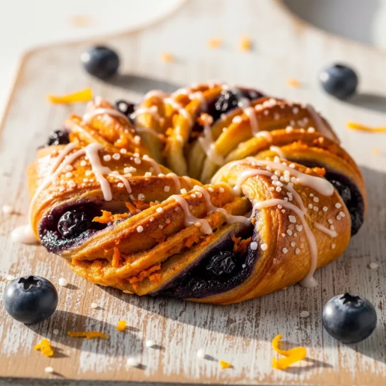 Plate of Golden Carrot Blueberry Morning Twists, with one broken open revealing the filling.