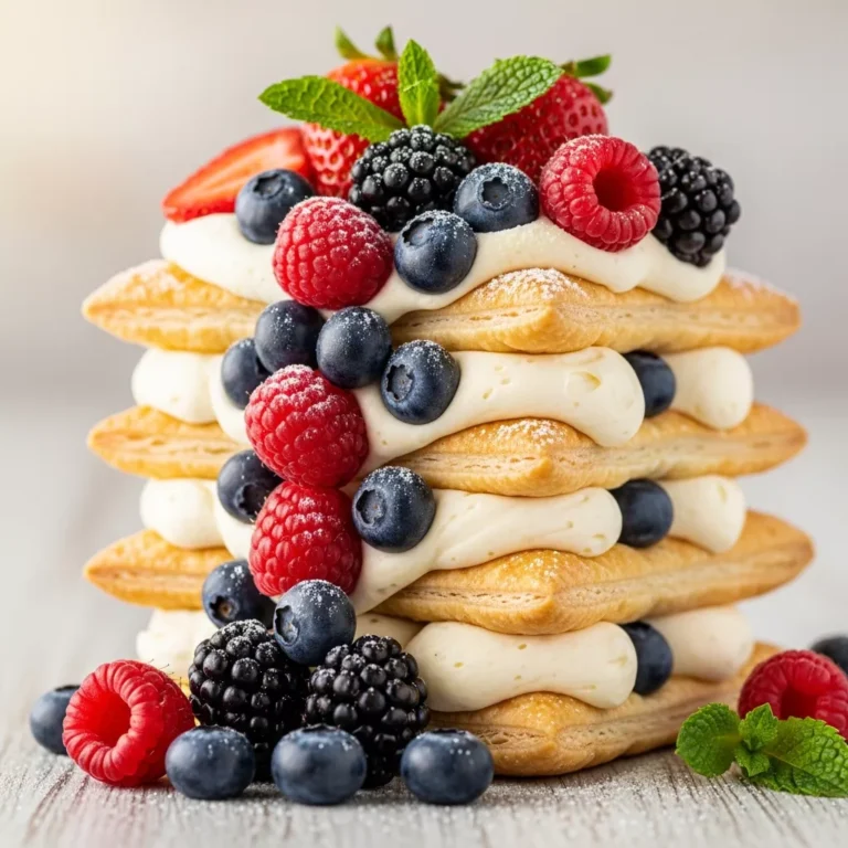 A slice of Velvet Berry Dream Pastry Stack showing crisp layers of pastry, creamy vanilla filling, and fresh berries.