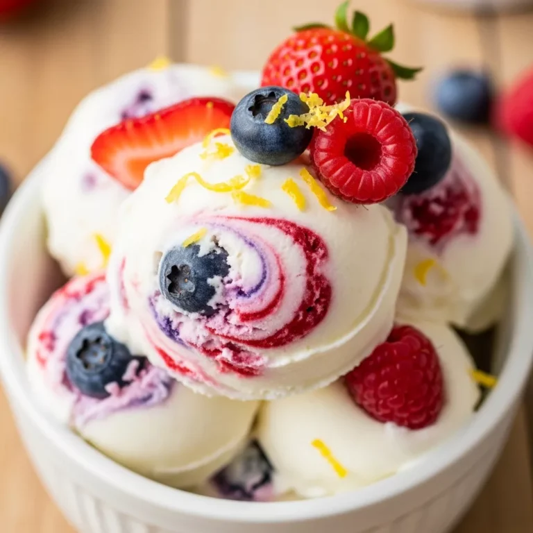 Scoop of homemade Velvet Swirl No-Churn Frozen Greek Yogurt with berry swirls in a bowl, perfect for a healthy dessert.