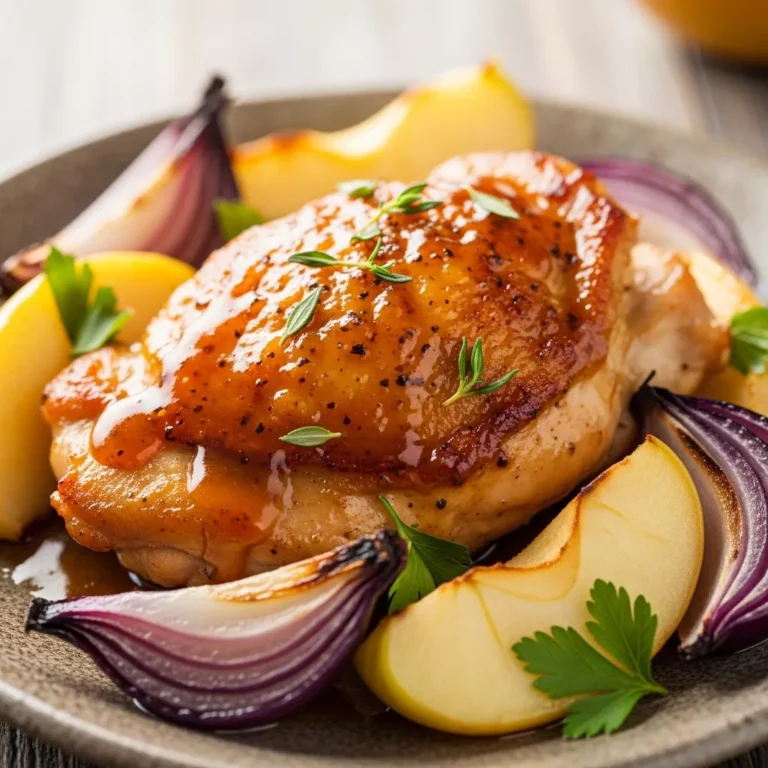Plated Golden Maple Apple Chicken with apples and onions, ready to serve.
