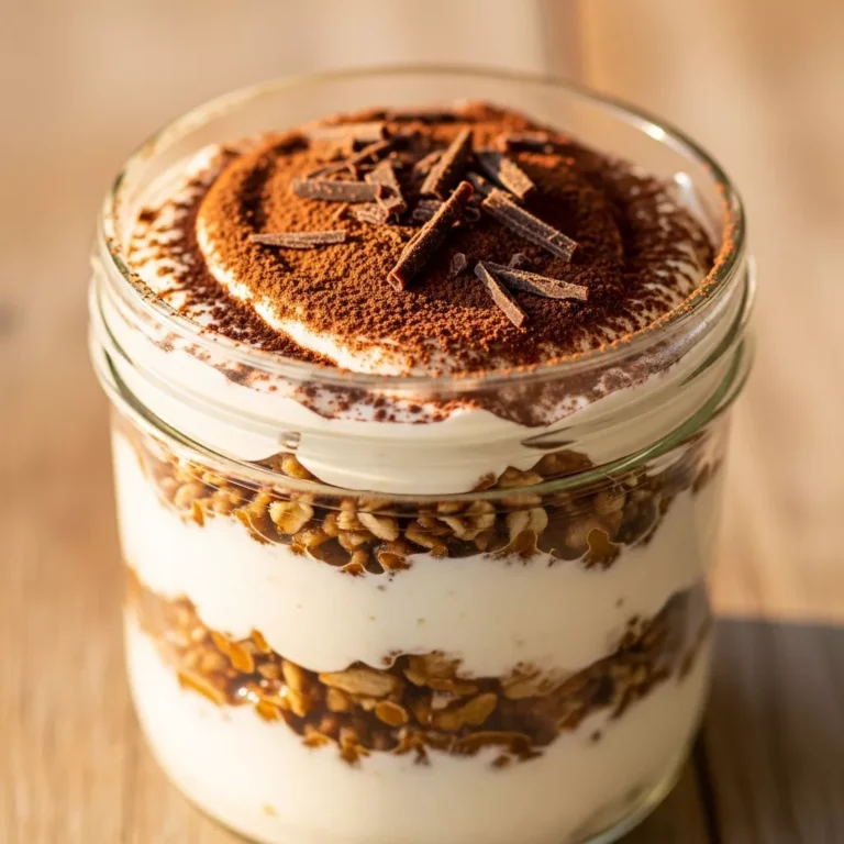 A recipe card visual featuring Velvet Tiramisu Protein Oats and key ingredients, highlighting its ease and health benefits.