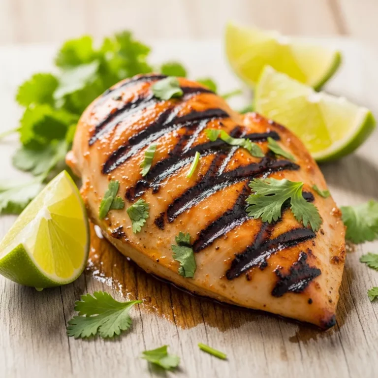 Sunshine Citrus Grilled Chicken with a side of lime wedges and fresh cilantro garnish, ready to serve.