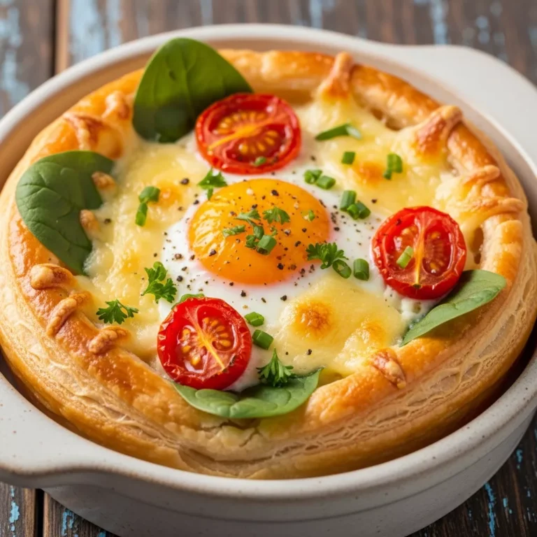 Baked Eggs Napoleon in a ramekin on a rustic table, ready for brunch