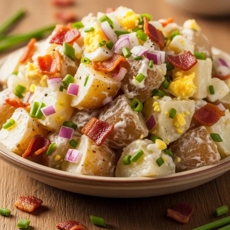 Close-up of a rustic bowl filled with The Ultimate Loaded Steakhouse Potato Salad, garnished with chives and turkey bacon, ready to be served.