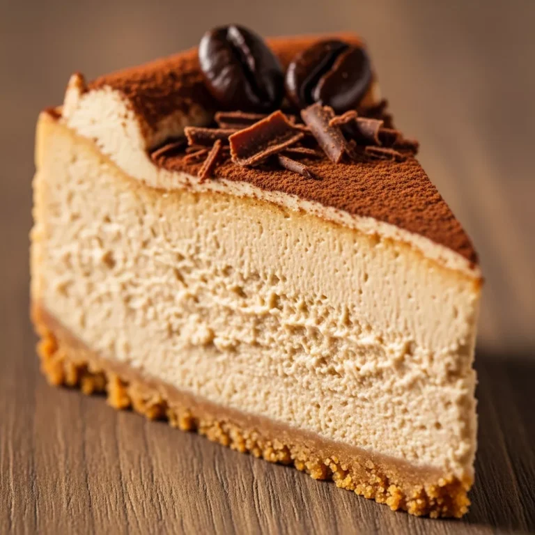 Whole Decadent Espresso Bliss Cheesecake with a slice cut out, garnished with cocoa powder and coffee beans, on a rustic surface.
