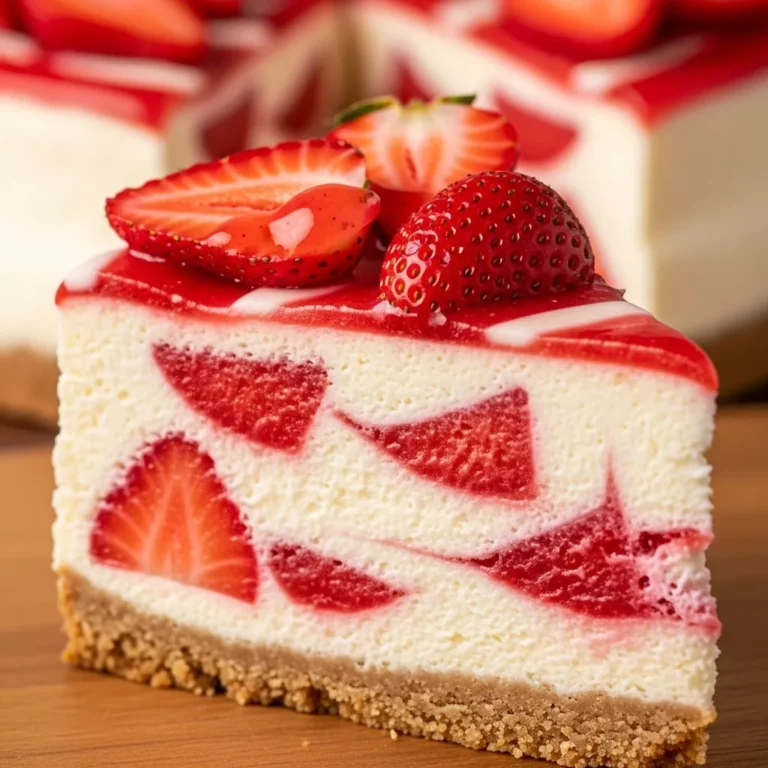 A whole Velvet Strawberry Dream Cheesecake with a vibrant strawberry swirl and fresh strawberry garnish on a rustic wooden table.