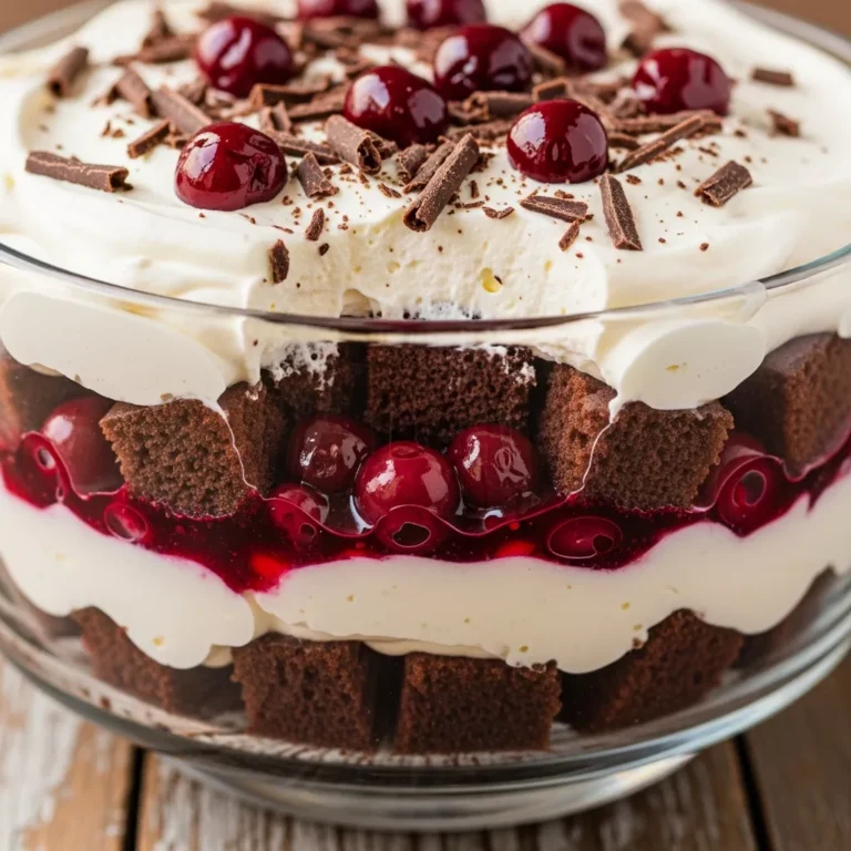 Full view of a beautifully layered No-Bake Black Forest Trifle in a glass bowl, garnished with cherries and chocolate.