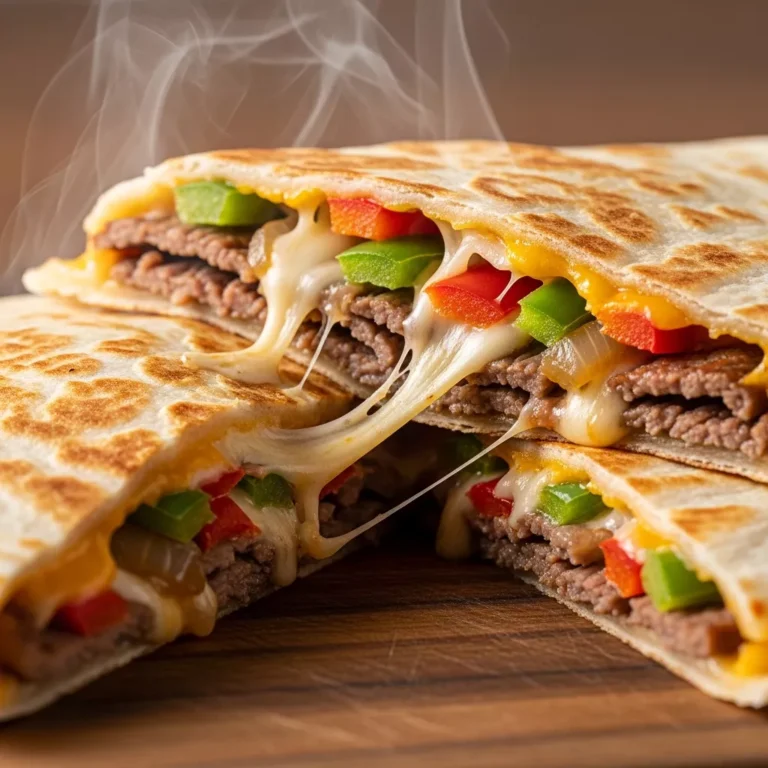 A close-up of a golden-brown Philly steak and cheese quesadilla, sliced and ready to serve, with cheese stretching as it's pulled apart.