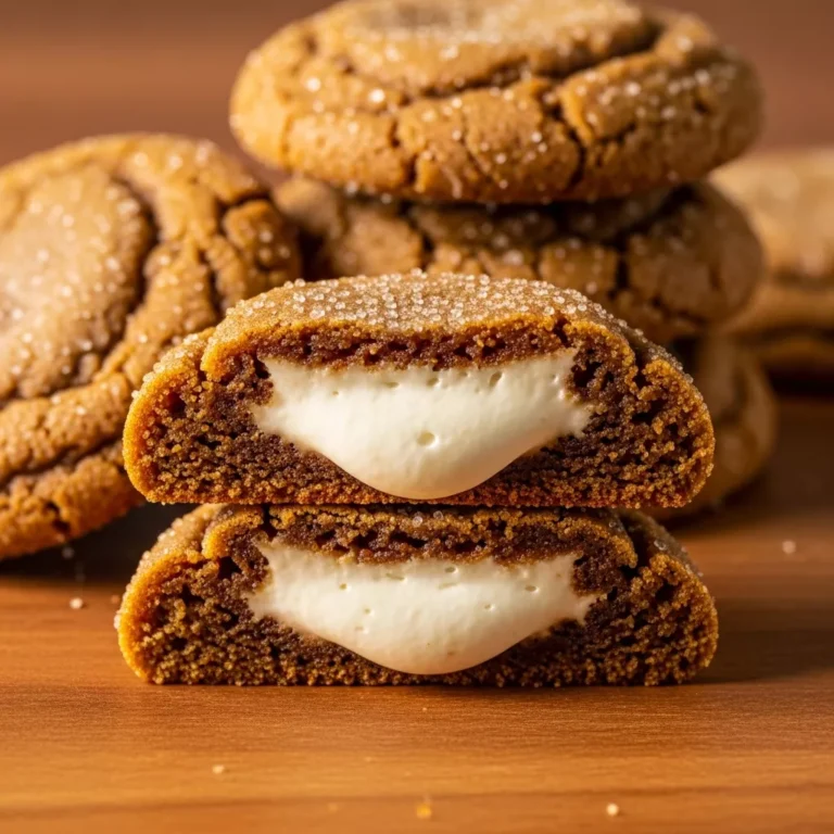 Close-up of a Soft-Baked Molasses Cream Pie Bliss Cookie with filling visible.