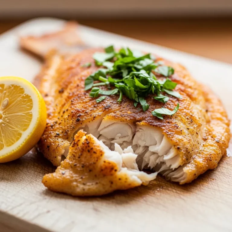 Plate of golden-brown air fryer tilapia with lemon and fresh herbs.