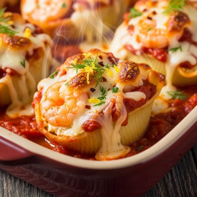 A serving of Velvet Tide Indulgent Creamy Seafood Stuffed Shells, showcasing the rich filling and golden topping.