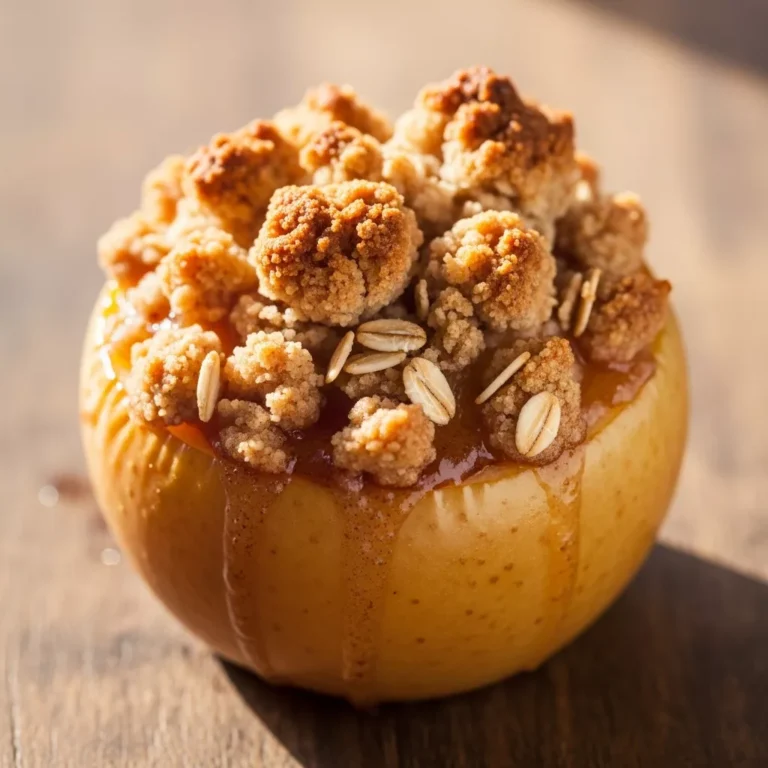 A close-up of an Individual Baked Apple Crisp Bomb, a stuffed roasted apple with a crisp oat topping.