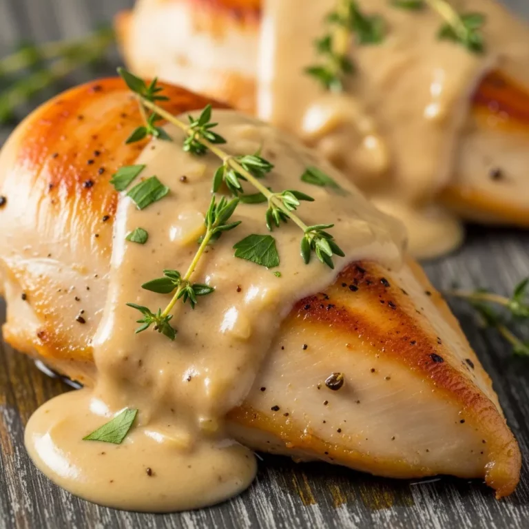 Gourmet pan-seared chicken with a rich, velvety apple cider reduction cream sauce, ready to serve.