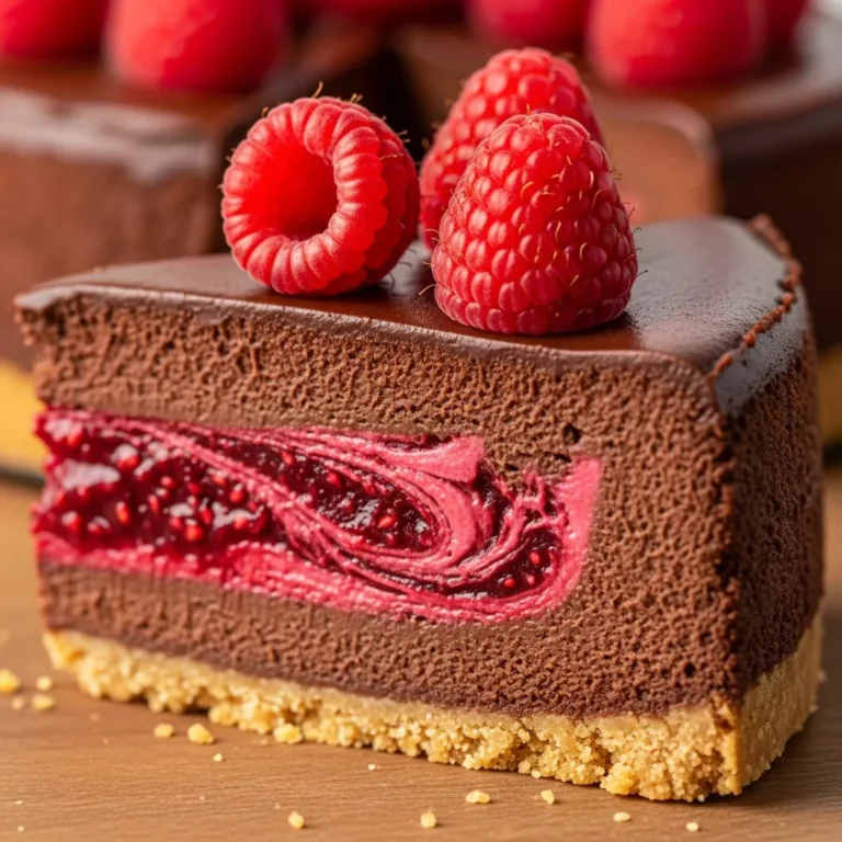 Whole Velvet Dark Chocolate Raspberry Dream Cheesecake with a dramatic raspberry swirl on top, garnished with fresh raspberries, ready to be served.
