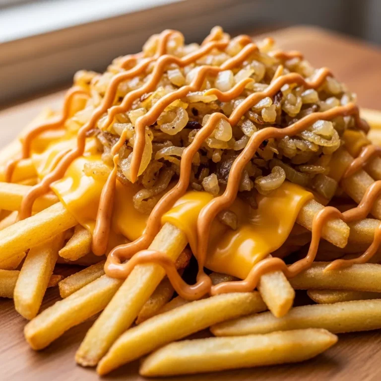 A serving of Air Fryer Animal Style Fries with melted cheese, caramelized onions, and secret sauce.