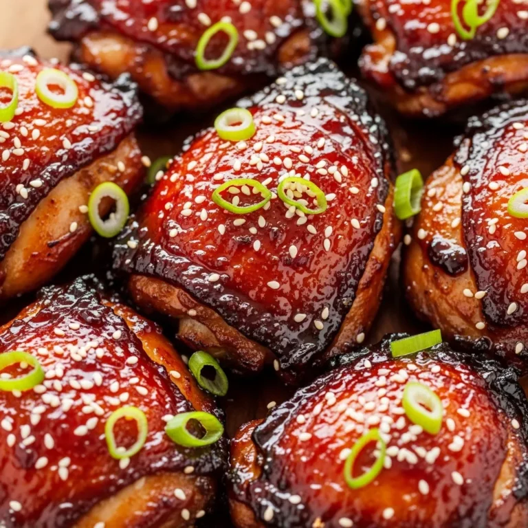 Oven-baked Char Siu Chicken with a glossy red glaze, garnished with sesame seeds and green onions.