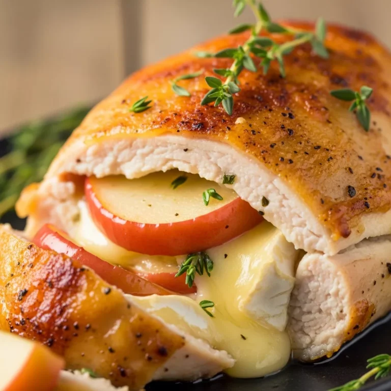 Plated Gourmet Golden Apple & Brie Stuffed Chicken Breast, sliced to show the filling, served with a simple green salad on a white plate, on a rustic table setting.