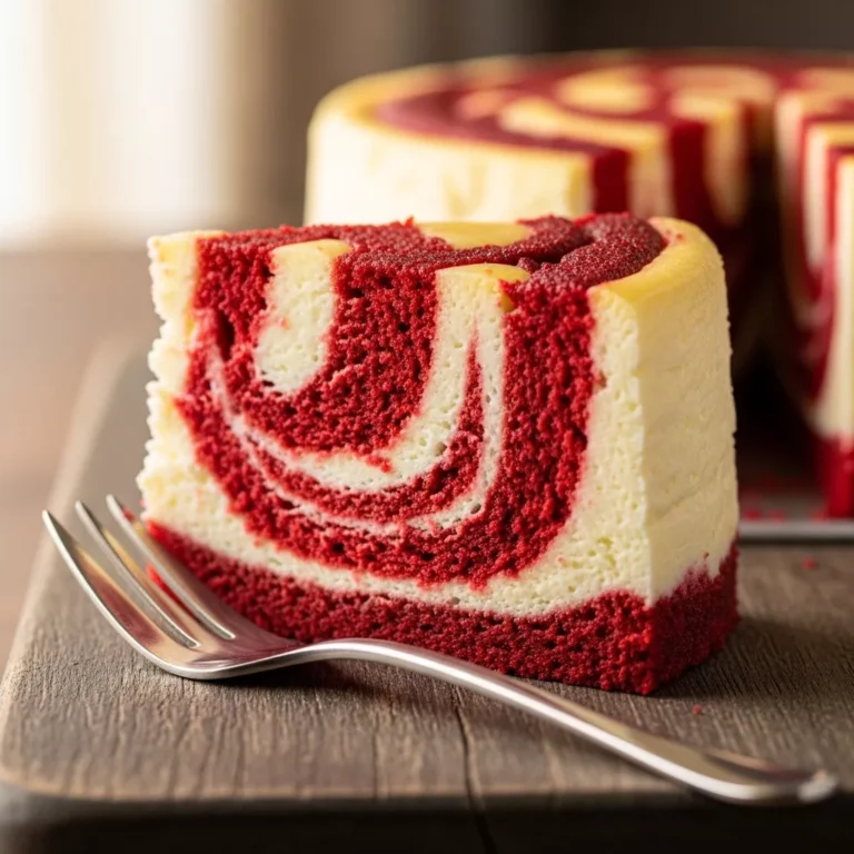 A beautifully presented Red Velvet Cheesecake Swirl Cake with vibrant red and white swirls, ready to be served.