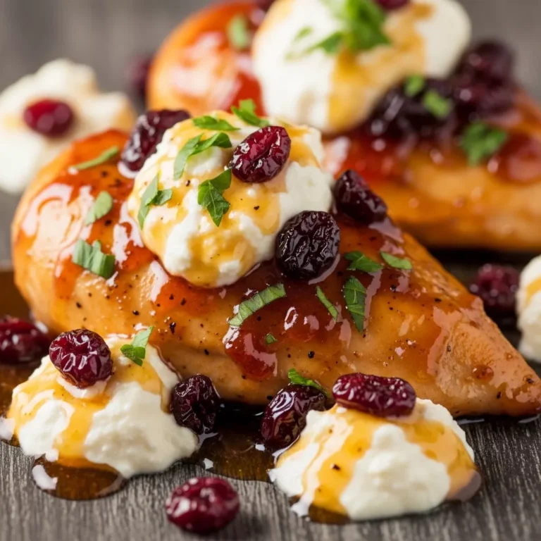 Sweet and Savory Honey Cranberry Chicken Bake with Creamy Ricotta served in a baking dish, garnished with parsley.