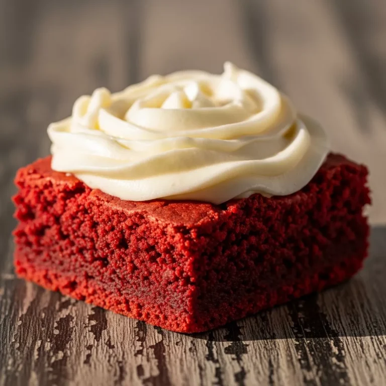 A perfectly cut square of red velvet brownie with a thick, creamy cream cheese swirl on top, ready to be served.
