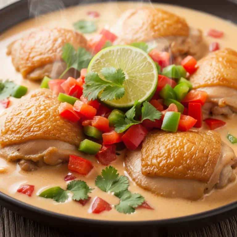 Plated serving of creamy Brazilian coconut chicken simmer garnished with cilantro and lime wedges