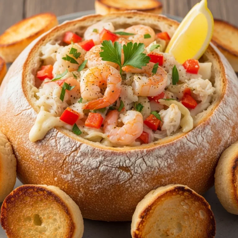 The Golden Crust Seafood Feast Bread Bowl, a hearty and impressive dish with a rich, creamy seafood filling and toasted bread dippers.