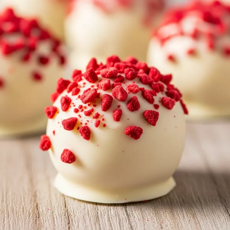 Delicious no-bake White Chocolate Raspberry Cheesecake Bites with white chocolate coating and raspberry garnish.