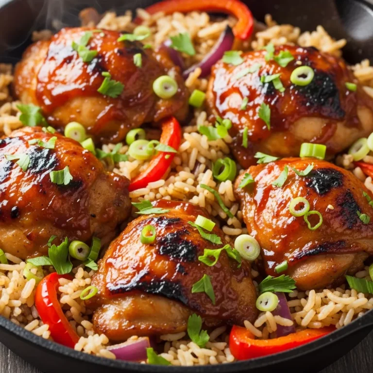 Effortless Sticky Honey BBQ Chicken & Rice Skillet served in a rustic cast iron dish.