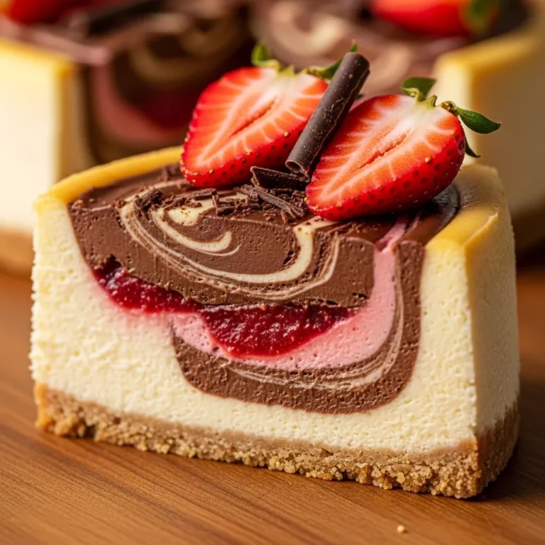 Full Velvety Chicago Chocolate Strawberry Swirl Cheesecake Dream on a cake stand, ready to be served.