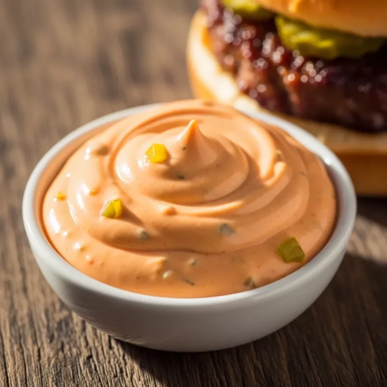 Close-up of creamy, vibrant Secret Smash Burger Sauce in a ramekin on a rustic wooden surface, ready for serving.