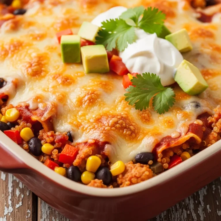 Full Zesty Southwest Quinoa Enchilada Bake in a baking dish, served on a rustic table.