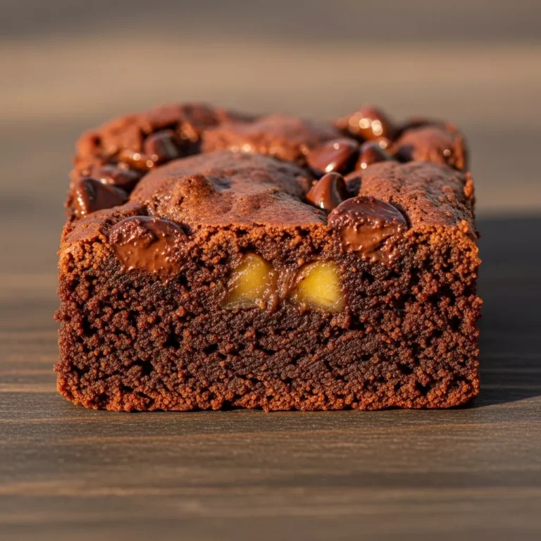 A pan of freshly baked Ultimate Fudgy Banana Bread Brownies, cut into squares, on a rustic wooden surface.